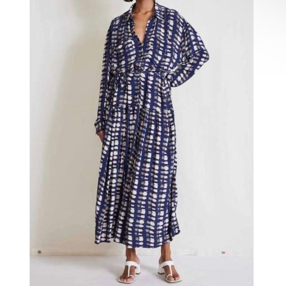 Apiece Apart Oro Maxi Shirt Dress in Navy Shibori Print